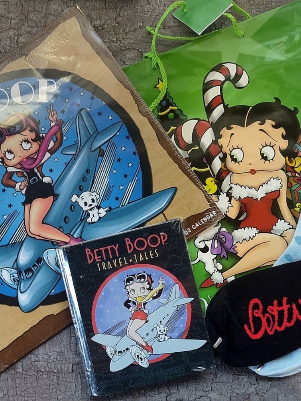 Rare 2002 Betty Boop Aviator & Holiday Bundle | 2 Pairs NWT Socks, Tin, Calendar